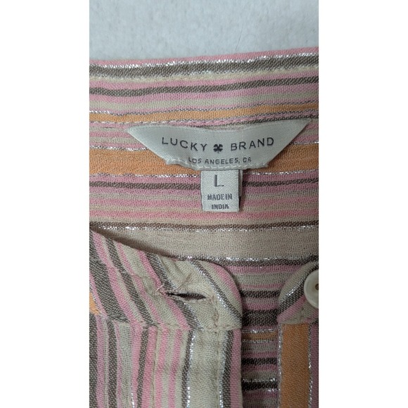 Lucky Brand Womens Top Large Pink Orange Metallic Striped Cotton Shirt Popover - Picture 3 of 9